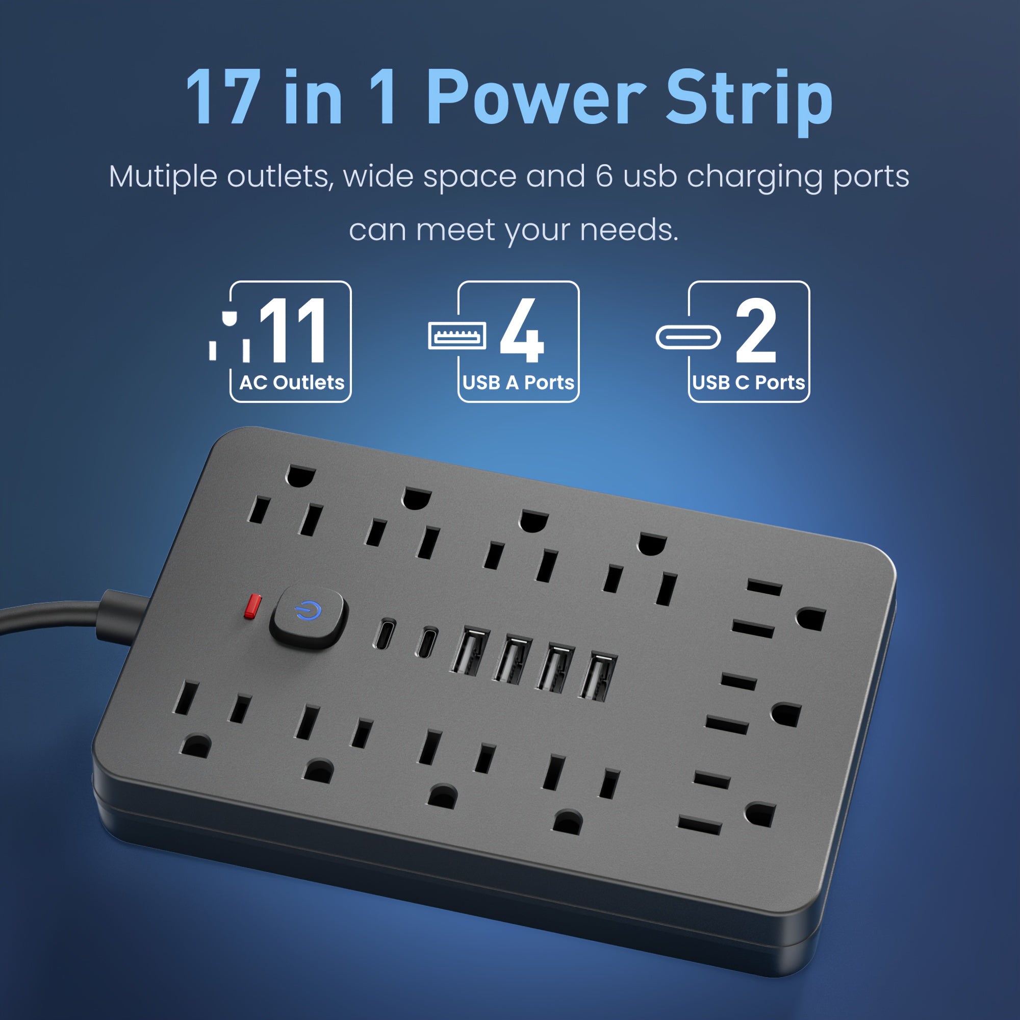 17-in-1/14-in-1 Power Outlet, 152.4cm Cord, 11/8 Sockets, 4 USB + 2 USB-C Ports, Flat Plug, Wall Mountable, Overload Protection, Essential for Home Office