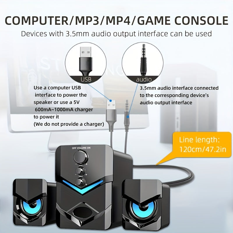 High-Quality 2.1 Stereo Desktop Speaker with LED Ambient Lighting - USB Powered, 3.5mm Audio Jack, Wired Connection for PC, Laptop, Tablet, Gaming Console & MP3/MP4 Devices, Modern Design with Accents, Portable Speaker,  Slee