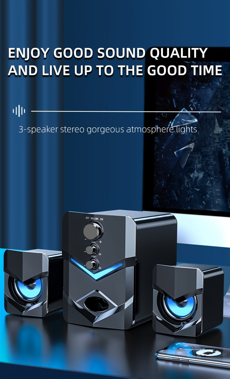 High-Quality 2.1 Stereo Desktop Speaker with LED Ambient Lighting - USB Powered, 3.5mm Audio Jack, Wired Connection for PC, Laptop, Tablet, Gaming Console & MP3/MP4 Devices, Modern Design with Accents, Portable Speaker,  Slee