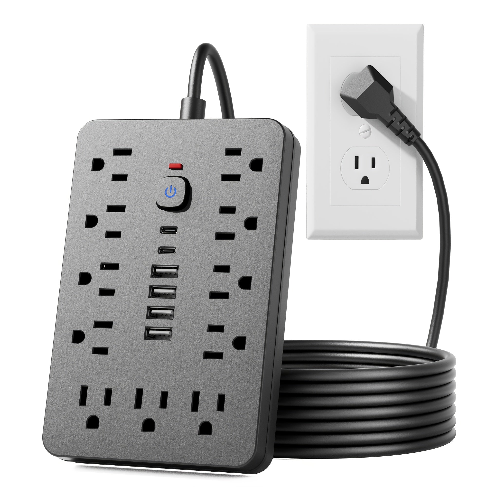 17-in-1/14-in-1 Power Outlet, 152.4cm Cord, 11/8 Sockets, 4 USB + 2 USB-C Ports, Flat Plug, Wall Mountable, Overload Protection, Essential for Home Office